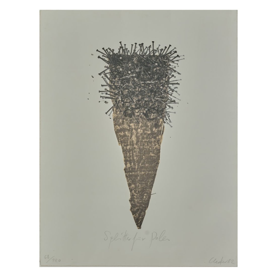 Günther Uecker (1930 Wendorf - 2025 Duesseldorf), 'Splitter für Polen', 1982: <p>Color offset lithograph on paper. 77 x 57 cm (sheet), 86.5 x 66.5 cm (frame). Titled lower center: Splitter for Poland, numbered lower left: 68/120, and signed lower right: Uecker and dated: 