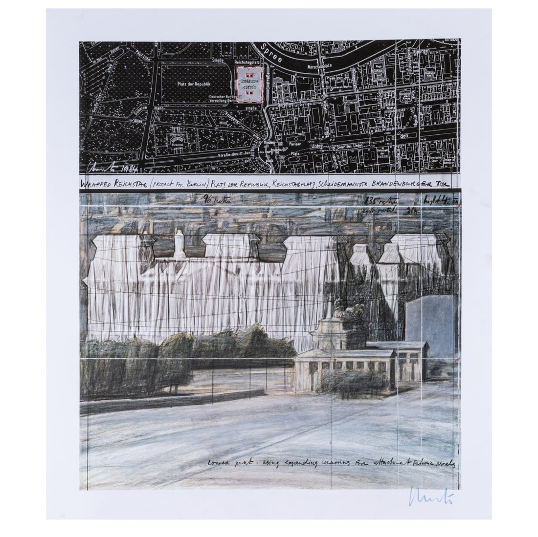 Christo Javacheff (Christo) (1935 Gabrowo, Bulgaria - 2020 New York), 'Wrapped Reichstag: <p>Color offset lithograph in six colors on paper. 69.0 x 58.8 cm (print), 79.9 x 69.8 cm (sheet). Signed and dated in the print upper left: Christo 1984, signed lower right: Christo (blue wax c