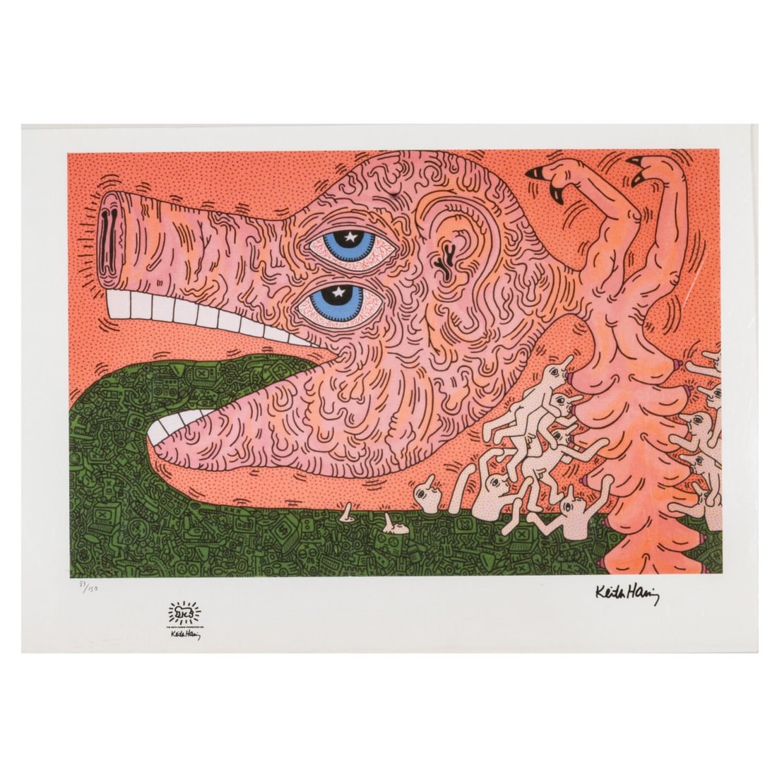 Keith Haring (1958 Reading, PA - 1990 New York) (after), Untitled, 1980s (printed later): <p>Color offset lithograph after a motif by Haring. 49 x 69 cm (sheet). Numbered lower left: 83/150 (pencil), as well as stamp of the Keith Haring Foundation and blind stamp Crawling Baby, print