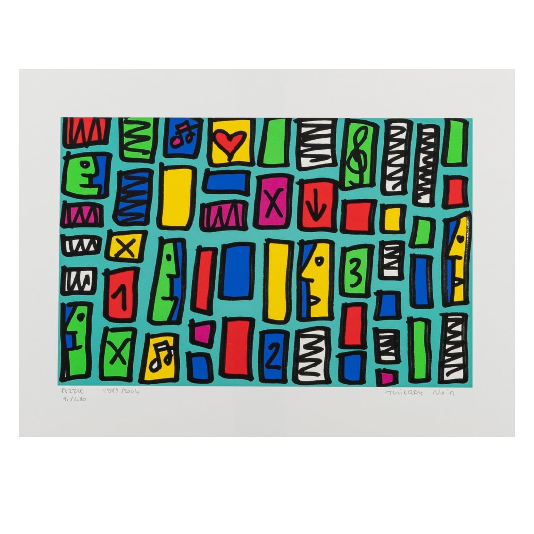Thierry Noir (1958 Lyon - lives and works in Berlin), 'PUZZLE', 1989/2004: <p>Color serigraph on wove paper. 50.0 x 60.0 cm (sheet). Titled lower left: PUZZLE, dated: 1989/2004 and numbered: 91/480, signed lower right: THIERRY NOIR (pencil). Copy 91 of 480 copies. Loos