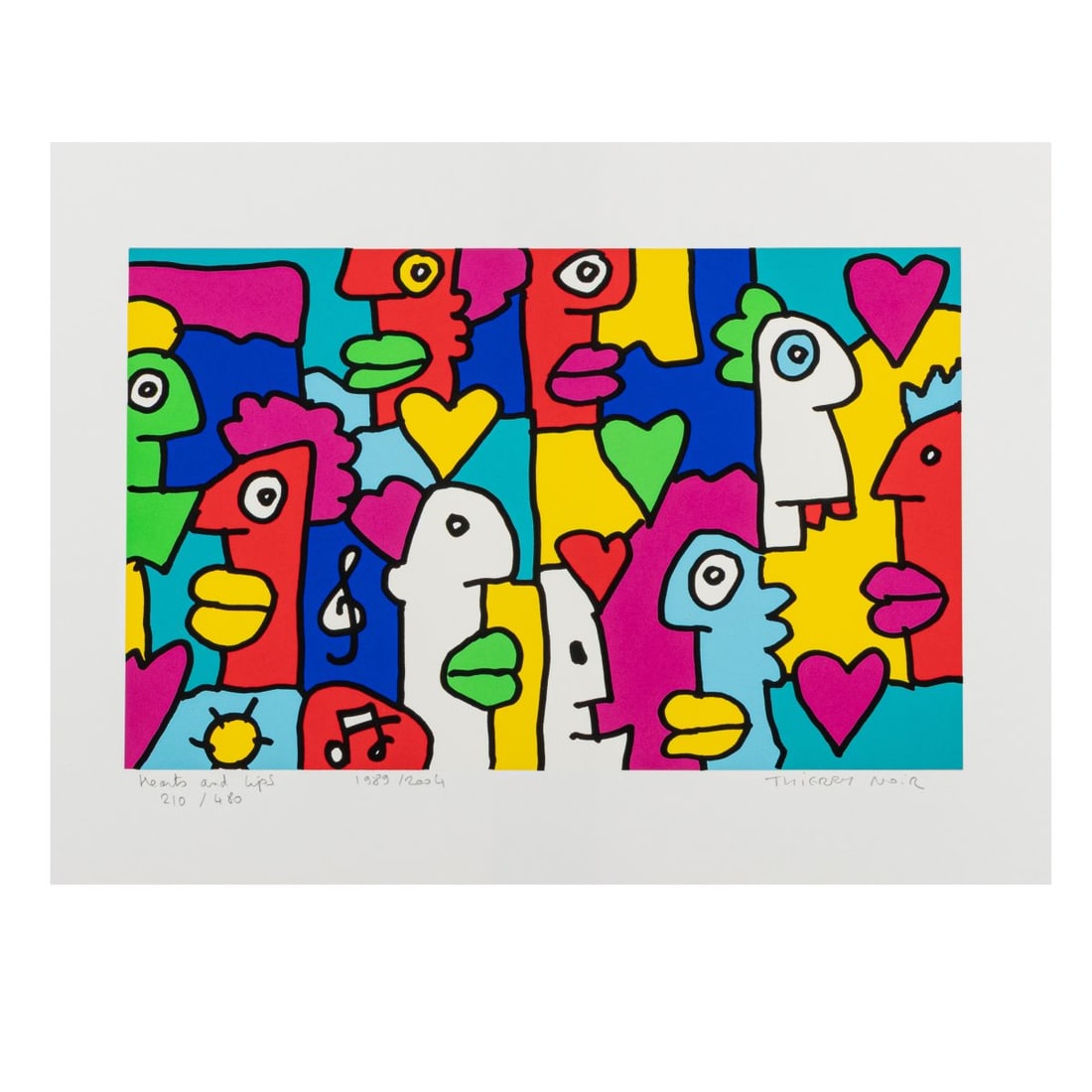 Thierry Noir (1958 Lyon - lives and works in Berlin), 'HEARTS AND LIPS', 1989/2004: <p>Color serigraph on wove paper. 50.0 x 60.0 cm (sheet). Titled lower left: HEARTS AND LIPS, dated: 1989/2004 and numbered: 210/480, signed lower right: THIERRY NOIR (pencil). Copy 210 of 480 c