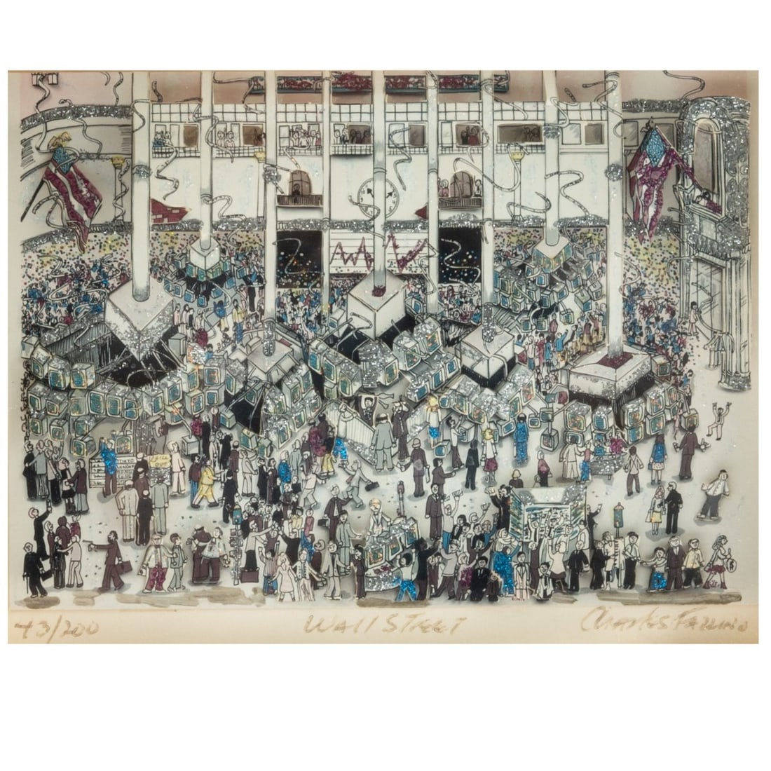 Charles Fazzino (1955 Westchester County, NY - lives and works in NYC), 'Wall Street',: <p>3D-print in color. 12 x 15 cm (mat opening), 25.5 x 30.5 cm (frame). Numbered lower left: 43/200, titled in the center: Wall Street, and signed lower right: Charles FAZZINO (fineliner). Copy 