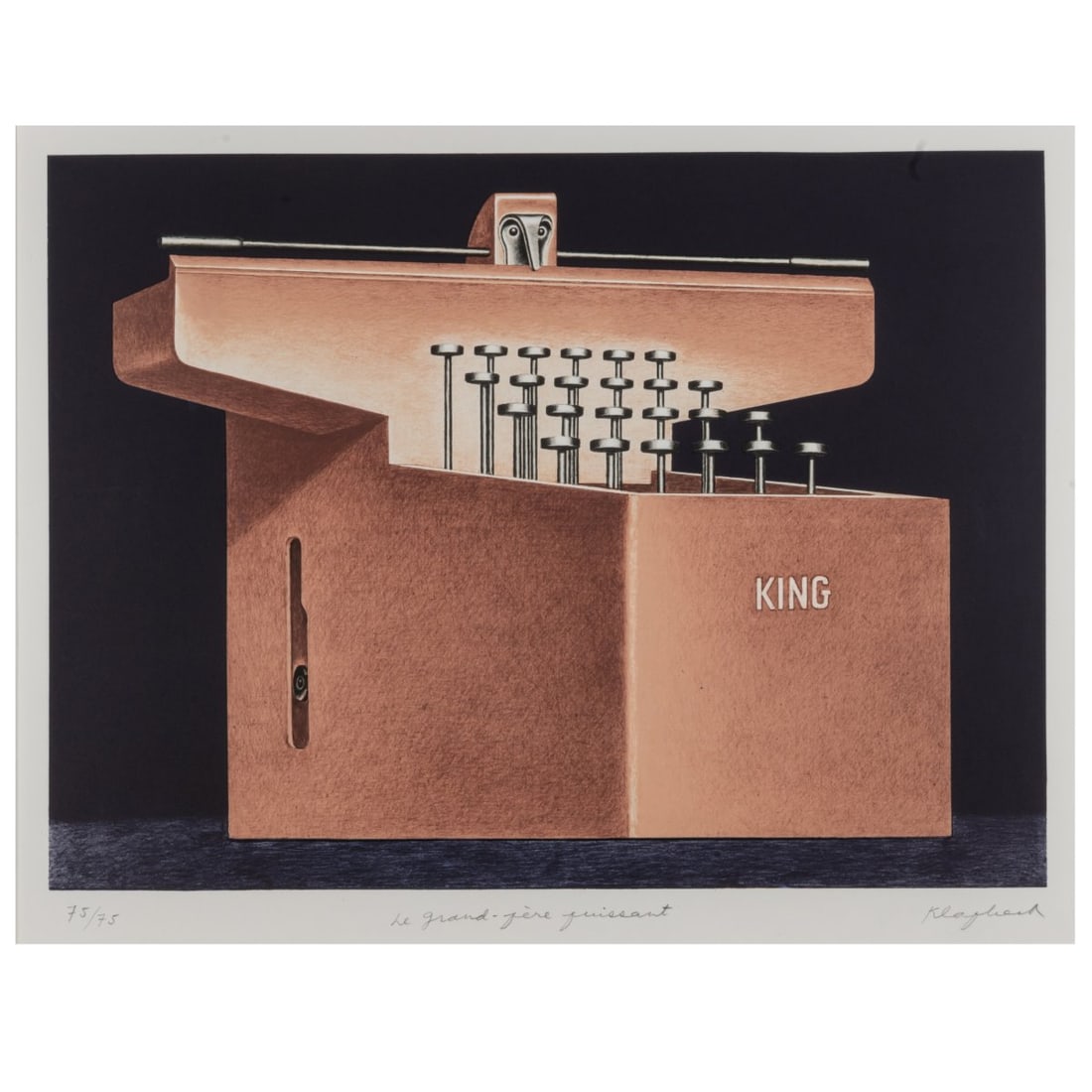 Konrad Klapheck (1935 Düsseldorf - 2023 ibid), 'Le grand-père puissant',: <p>Color lithograph on paper. 47.2 x 63.9 cm (plate), 71 x 85 cm (frame). Numbered 75/75 lower left, titled Le grand-p&egrave;re puissant lower center, signed Klapheck (pencil) lower right. 