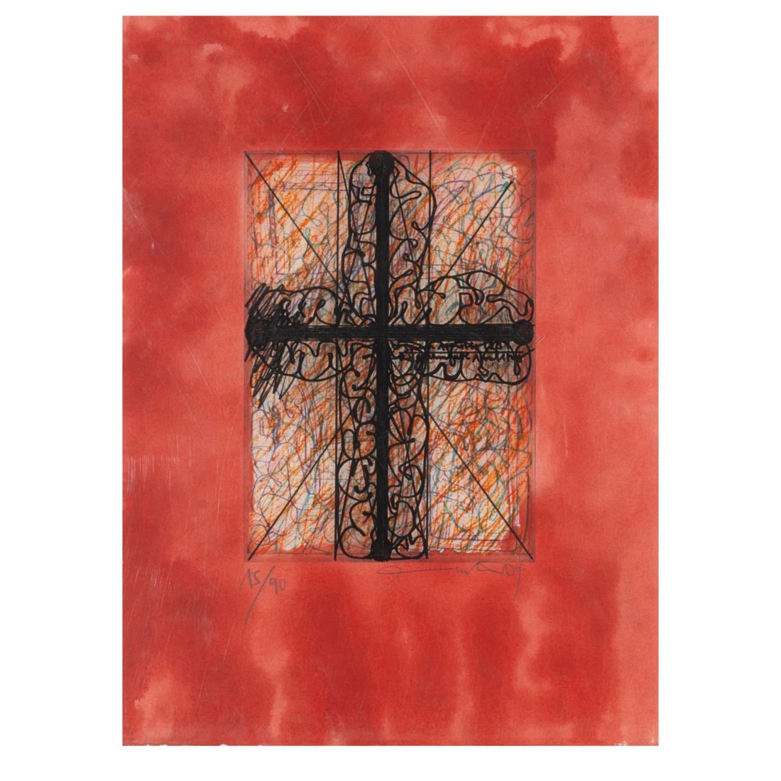 Hermann Nitsch (1938 Vienna - 2022 Mistelbach), Untitled (Cross), 2004: <p>Poured painting on etching and lithograph on wove paper (unique). 51.5 x 38 cm. Numbered lower left: 15/90, signed lower right: Hermann Nitsch and dated: (20)04 (pencil), and lower right embo