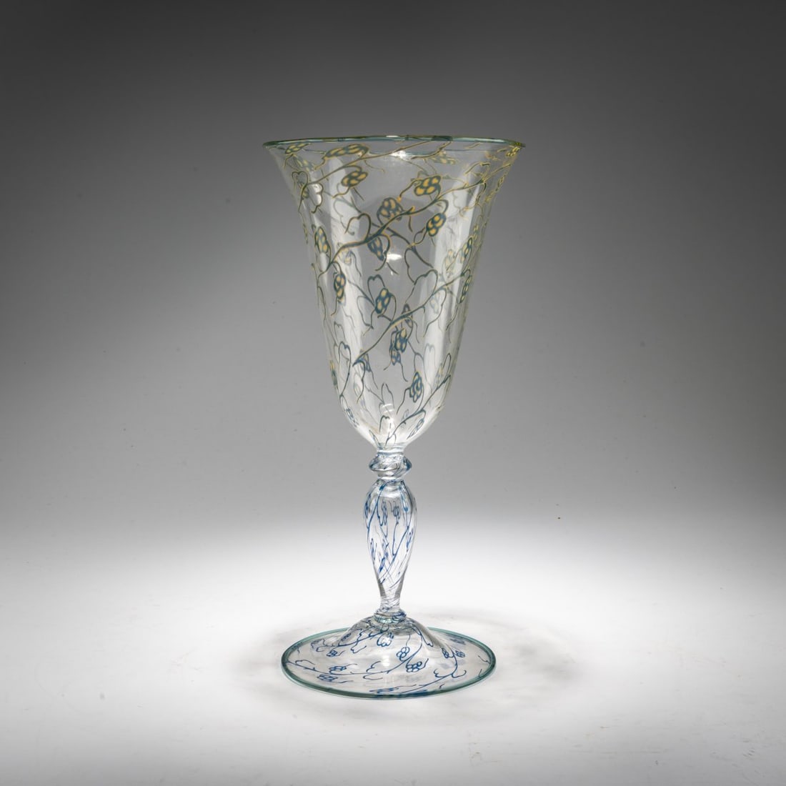 Simon Gate or Knut Bergkvist (attributed), 'Graal' goblet vase, 1923 (design): <p>H. 34 cm, &Oslash; 17 cm. <br />Orrefors Glasbruk, Orrefors, 1923. <br />Overlay glass, colorless, slightly optically blown, milky white and blue, applied blue thread at the