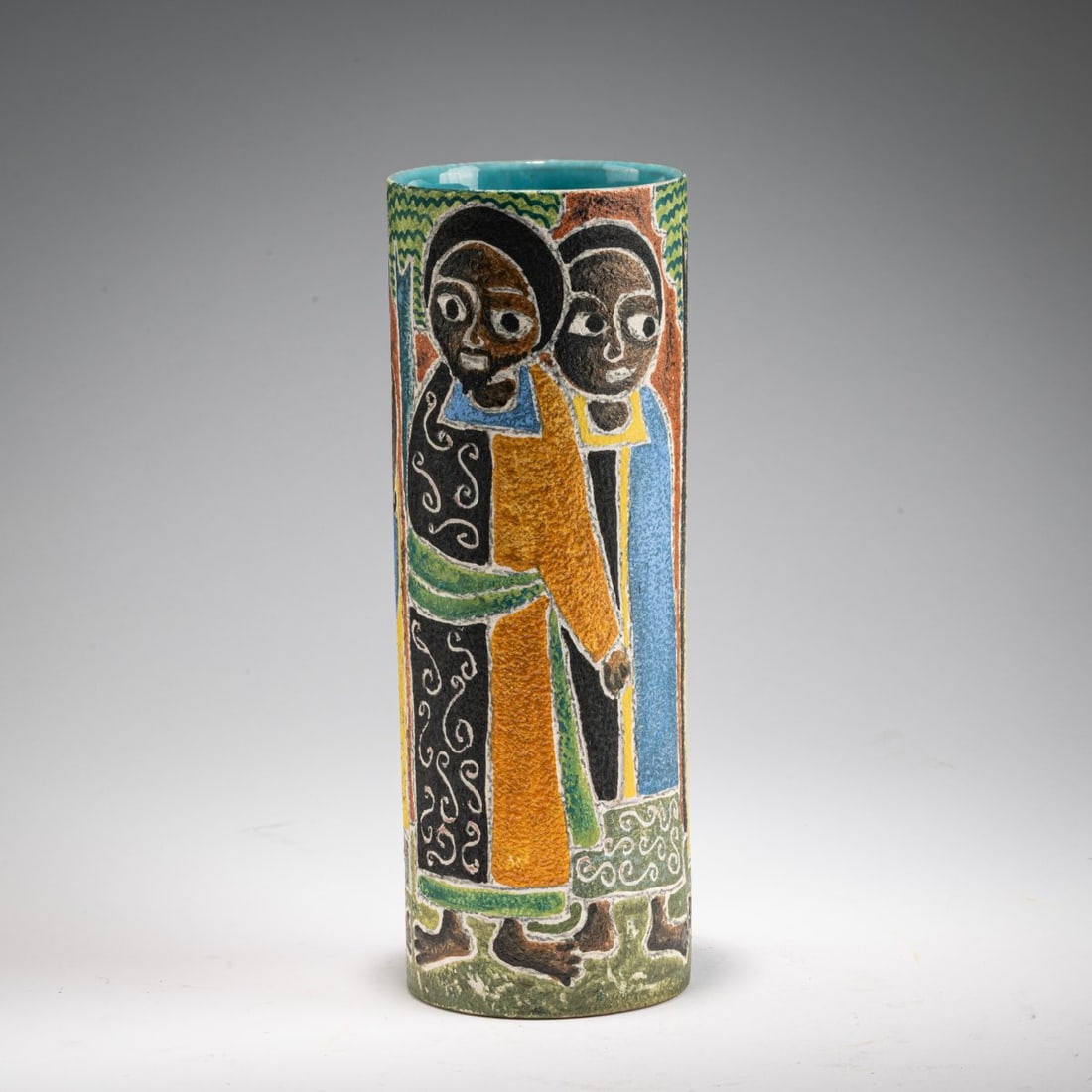 Marcello Fantoni, 'Figures' vase, 1960s (Design): <p>H. 25.5 cm. <br />Majolica, polychrome matte, blue interior, glazed. <br />Marked: Fantoni ITALY manufacturer's mark. </p>