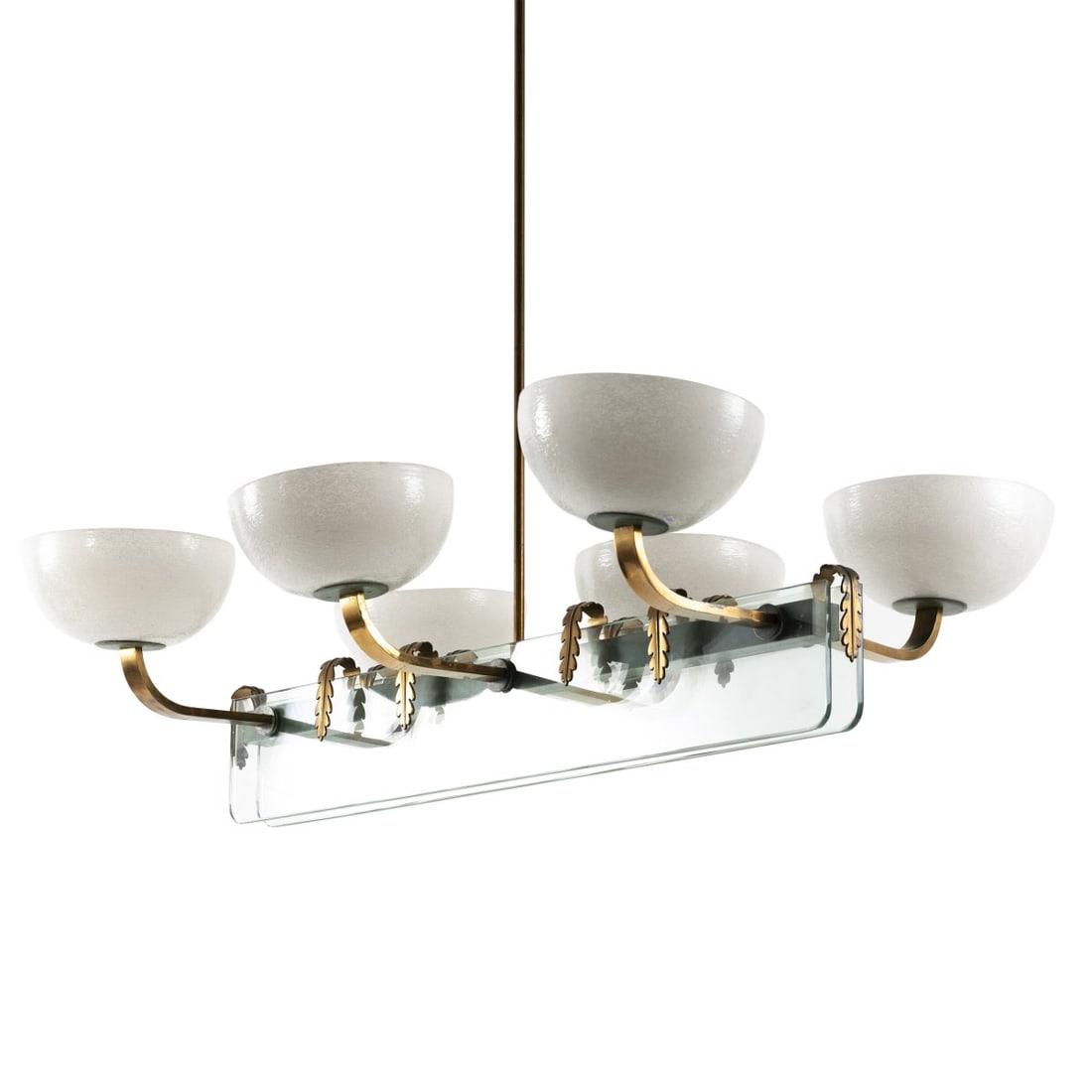 Fontana Arte, Milan (in the style of)), Ceiling light, 1940s (design): <p>H. 117.5 x 103.5 x 76 cm. <br />Brass, glass, clear, green and white with fused crushed glass. </p>