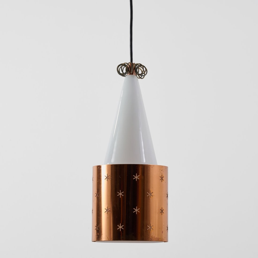 Paavo Tynell, 'K-14' - 'Nukkumatti' ceiling light, 1940s (design): <p>H. 38.5 cm, &Oslash; 17 cm.<br />Idman Oy, Vilhonvuorenkatu.<br />Brass sheet, brass wire, white glass.</p>