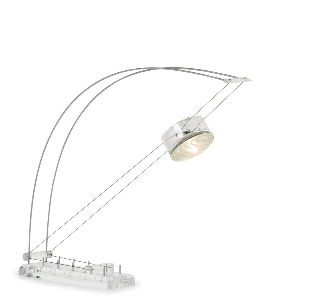 Axel Meise, 'Arco' table light, 1985: <p>H. 50.5 cm. <br />AML Licht + Design GmbH, Munich. P<br />lexiglass base, steel bars, wire cables, illuminant. <br />Marked: Maker's mark. </p>