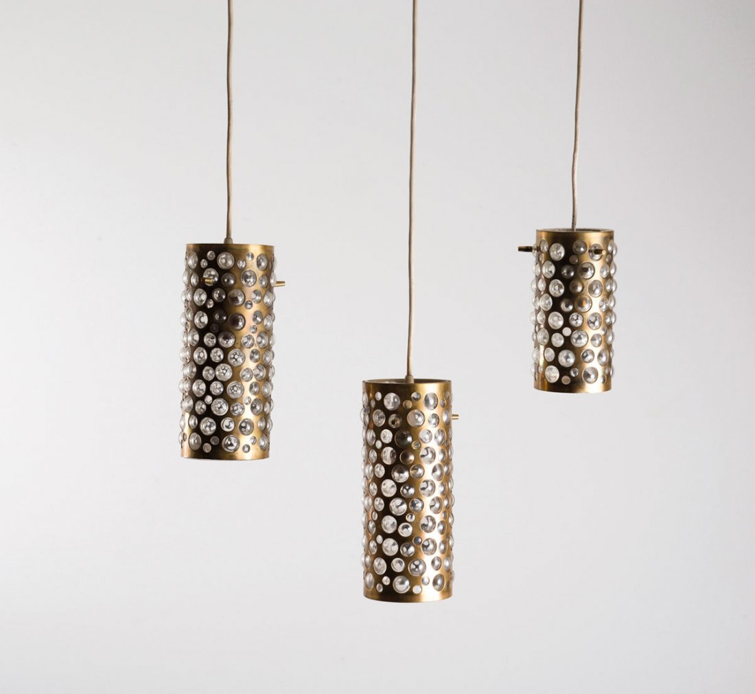 Three ceiling lights and four sconces: Italy (attributed). Three pendant lights and four sconces, 1950s. Ceiling lights: H. 18.5 cm; D. 9 cm; H. 25 cm; D. 10.5 cm; sconces: H. 27.5 cm; D. 7.5 cm. Brass, glass.