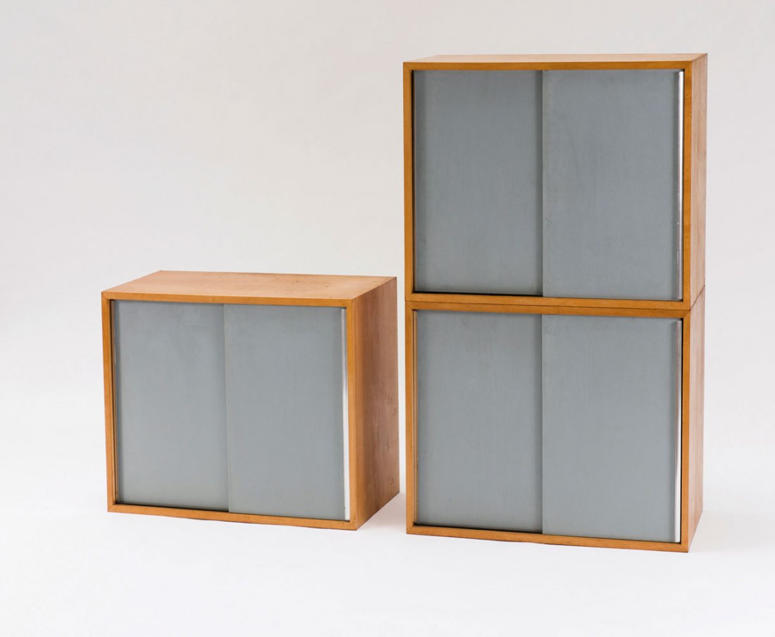Three cabinets for wall fastening: Cees Braakman. Three cabinets for wall fastening, 1950s. H. 60 x 80 x 40.5 cm (each). Made by UMS Pastoe, Utrecht. Birch veneer, chipboard, painted light blue, aluminium.