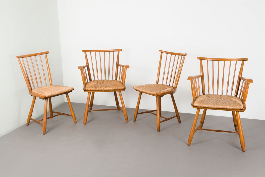 Two 'WKS' armchairs and two chairs: Arno Lambrecht. Pair of WKS' armchairs and two chairs, 1955. Armchairs: H. 82.5 x 60 x 63.5 cm; chairs: H. 84 x 44 x 54.5 cm. Made by WK-M_bel, Stuttgart, in the 1950s. Beechwood, reed work.