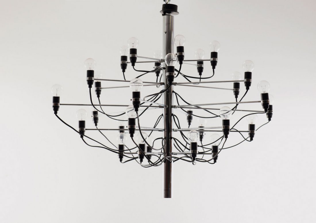 '2097/30 ceiling light: Gino Sarfatti. '2097/30' ceiling light, 1958. H. 71 cm; D. 93 cm. Made by Arteluce, Milan. Chrome-plated tubular metal, black plastic. Marked: Maker's label.