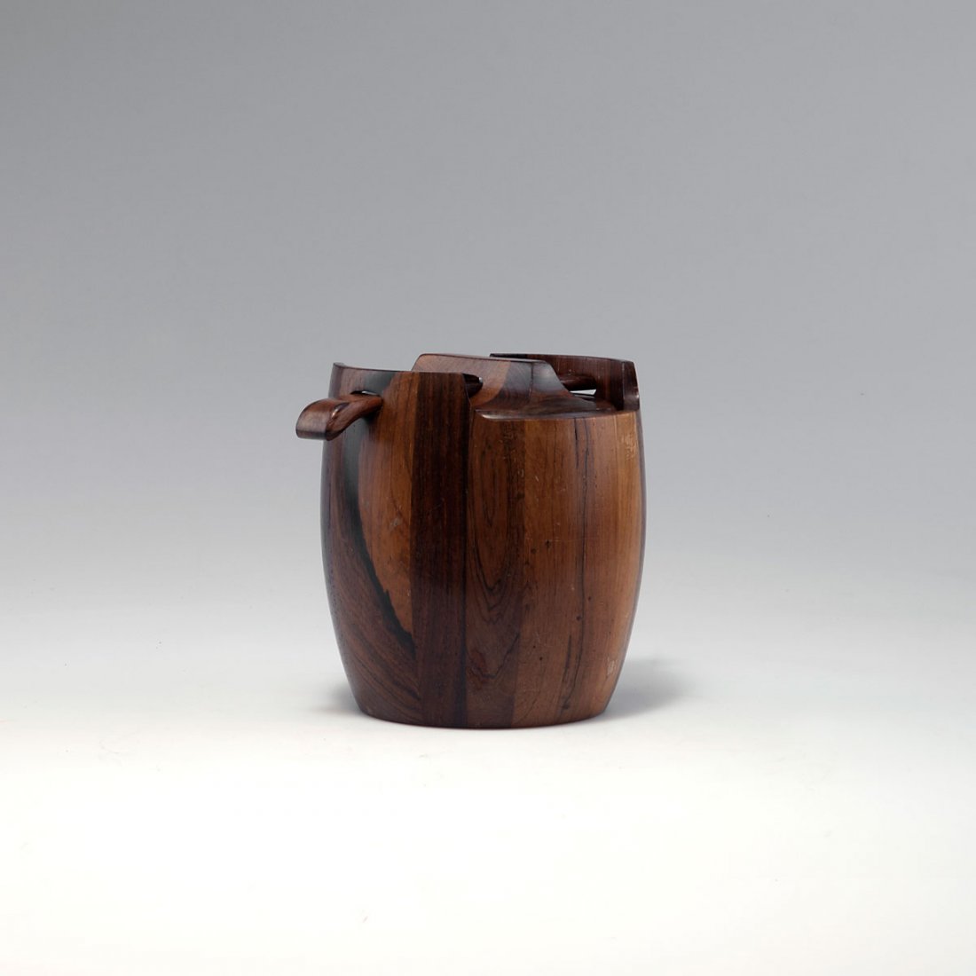 Tobacco pot: Jean Gillon. Tobacco pot, c1958. Made by WoodArt, Industria Brasileira. Jacaranda wood, cork. Marked: Maker's label, no. 854, distributor's label.