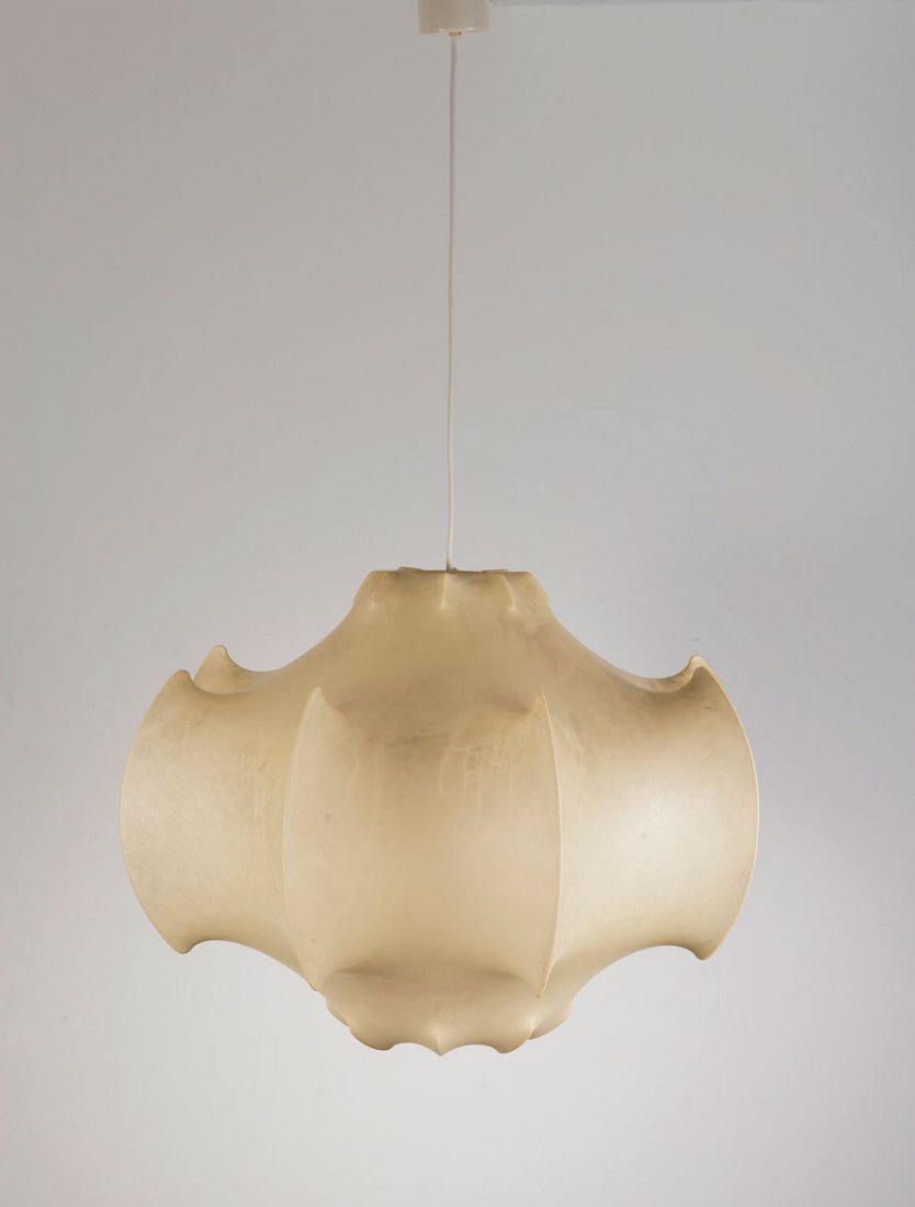 'Viscontea' ceiling light: Achille Castiglioni. 'Viscontea' ceiling light, 1960. H. 48 cm; D. 70 cm. Made by Flos, Brescia. Steelrods with 'Cocoon' cover.