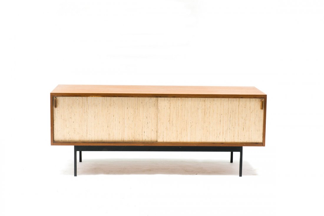 Sideboard: Dieter Waeckerlin. Sideboard, c1960. H. 69 x 174 x 53 cm. Made by Erwin Behr, Wendlingen. Rectangular steel, painted black, chipboard, plywood doors with bast.