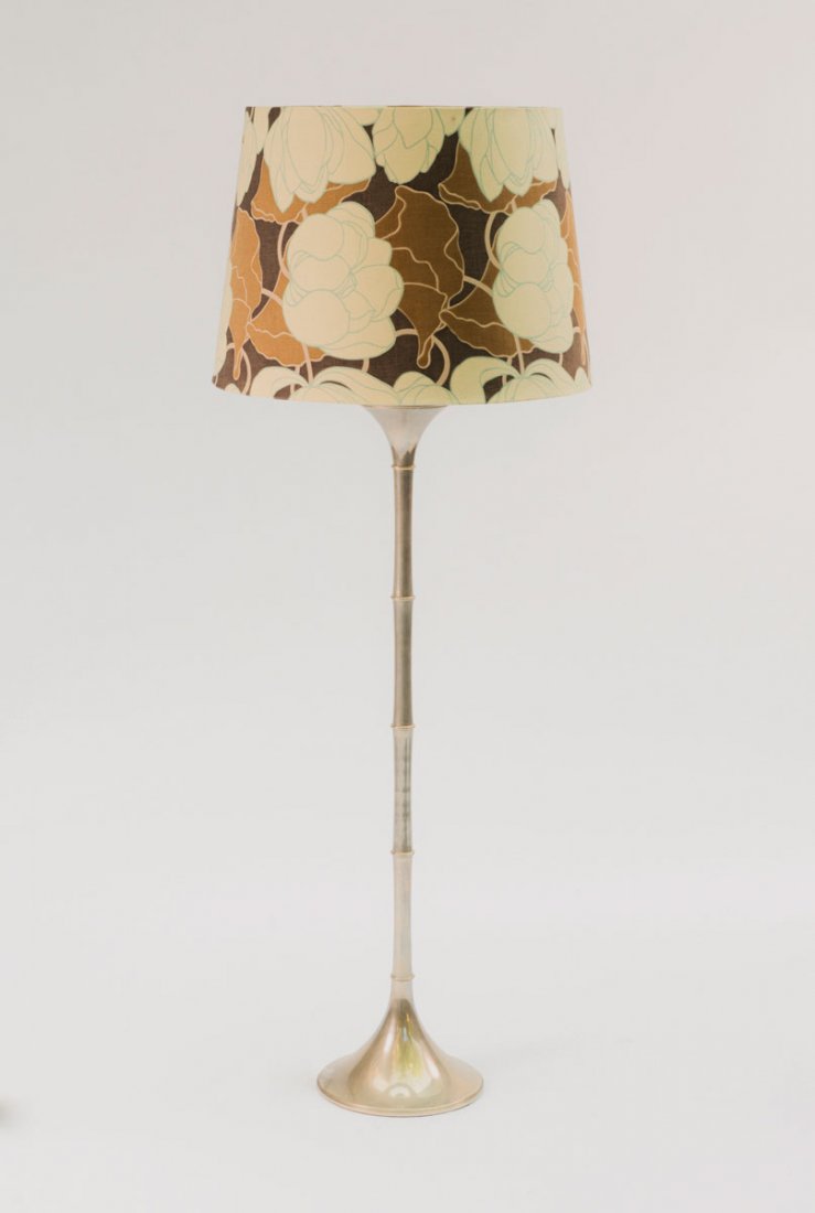 'ML 1 F' floor light: Ingo Maurer.'ML 1F' floor light, c1968. H. 160.5 cm; D. 61 cm. Made by Design M Ingo Maurer, Munich. Metal tube and sheet metal, nickel-plated, fabric shade.