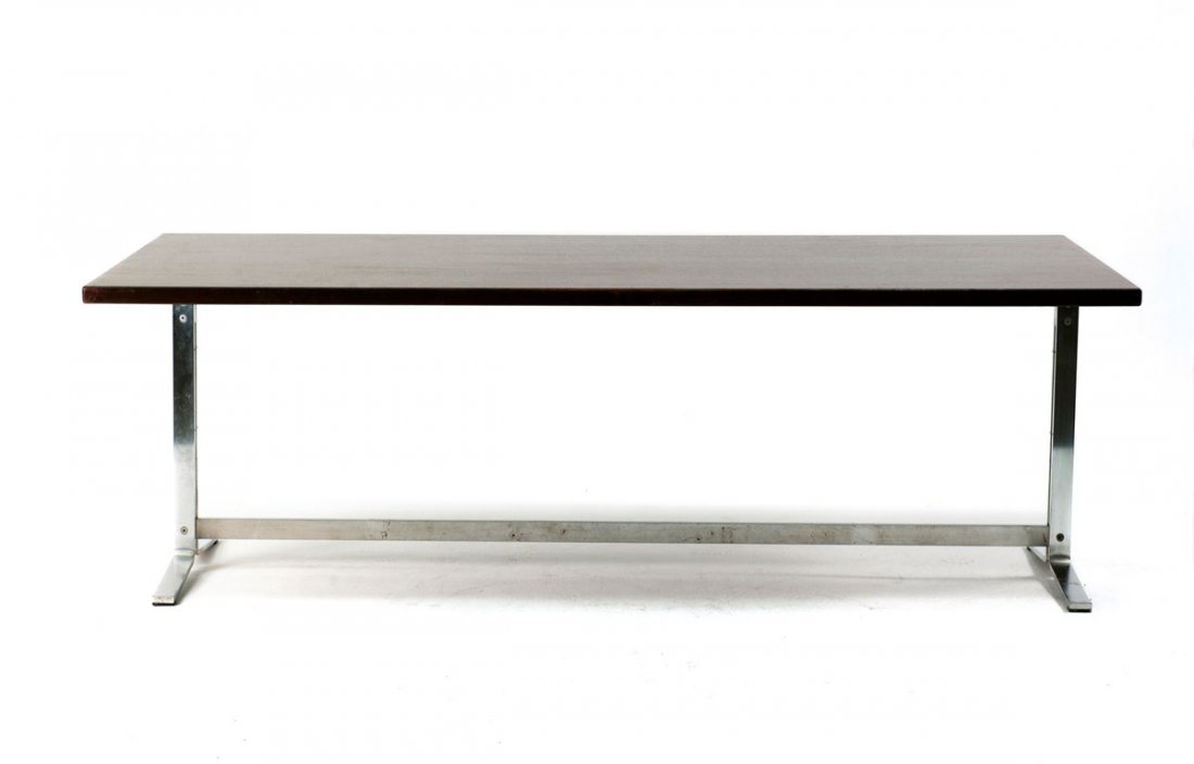 Table: Formanova, Italy. Table, 1970s. H. 75 x 226 x 91.5 cm. Steel, chromed, matted, table top of mahogany.