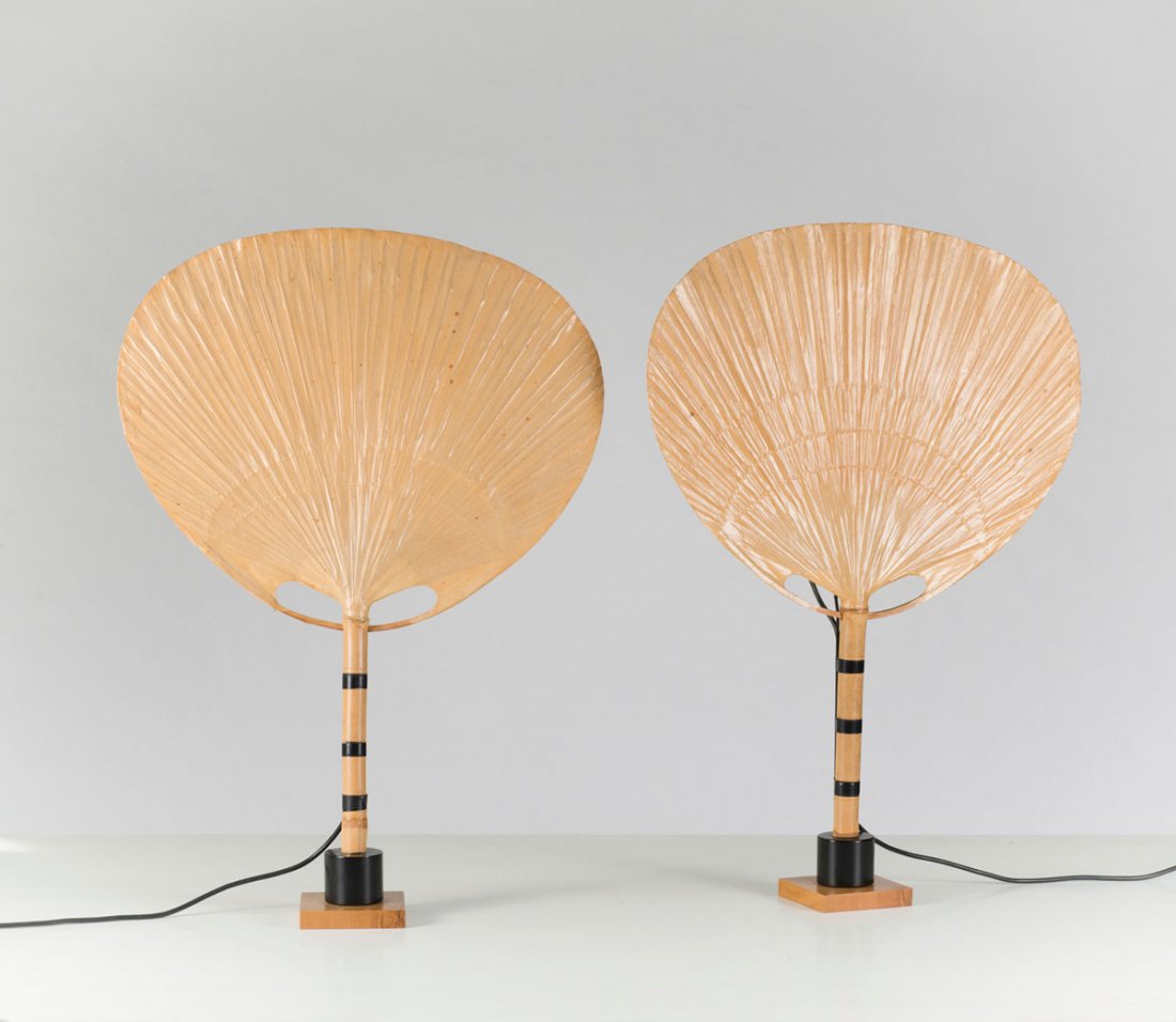 Pair of 'Uchiwa II' table lights: Ingo Maurer. Two 'Uchiwa' table lights, 1973. H. 82 cm. Made by Design M Ingo Maurer Munich. Bamboo, rice paper.