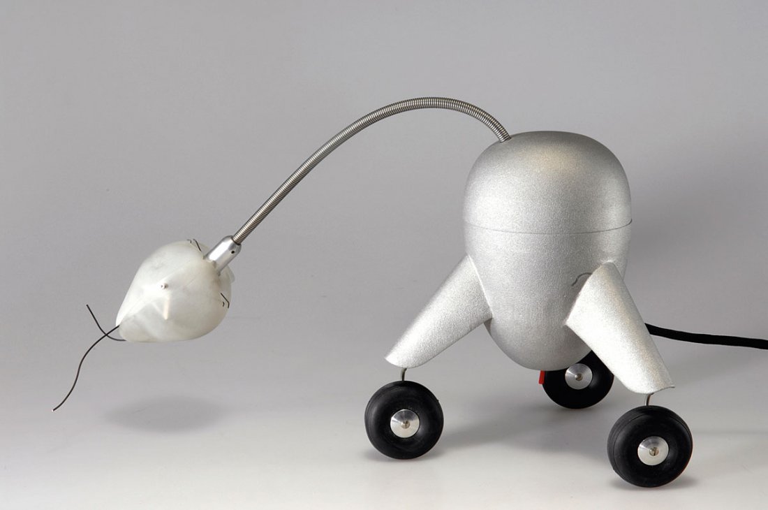 'Nopperection' table light, 1995: Hans Nopper. 'Nopperection', 1995. H. 24.6-60 cm. Made by Design M Ingo Maurer, Munich. Cast aluminium, plastic wheels, aluminium reflectors. Marked: Maker's label.