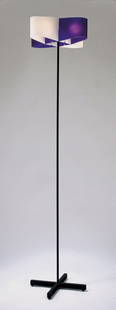 'Assia' floor light: Francesco Rota. 'Assia' floor light, 1998. H. 165 cm; D. 45 cm. Made by Oluce, Milan. Tubular steel, painted black, shade of white and dark blue plastic. Marked: Maker's label Oluce serie assia.