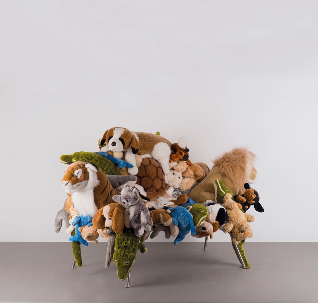 'Banquete' easy chair: Fernando and Humberto Campana. 'Banquete - All animals' easy chair, 2007. H. 91 x 144 x 110 cm. Made by Estudio Campana, Brazil. Brushed tubular steel, stuffed animals. One shepherd puppy marked: Camp