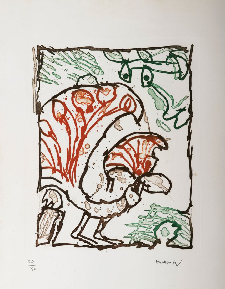 'The peacock': Pierre Alechinsky. 'Peacock', 1980. 49.5 x 40.0 cm (depiction), 76.0 x 56.0 cm (paper). Colour aquatint on laid paper by BFK Rives. Signed and numbered: Alechinsky. No 57 from an edition of 80.