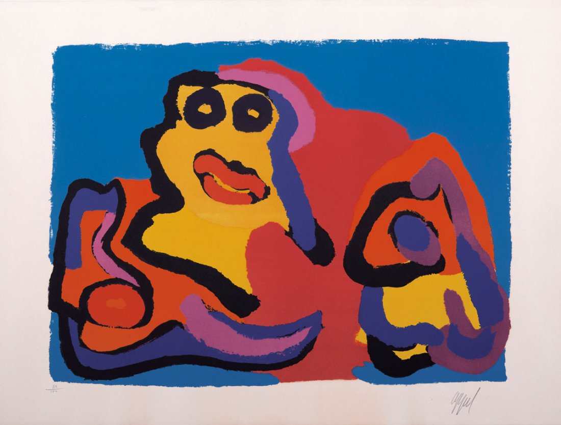 'Personnage au chien': Karel Appel. 'Personnage au chien', 1975. 62.5 x 84.0 cm (paper). Colour lithograph on laid paper. Signed: Appel, numbered. No. 88 from an edition of 100.