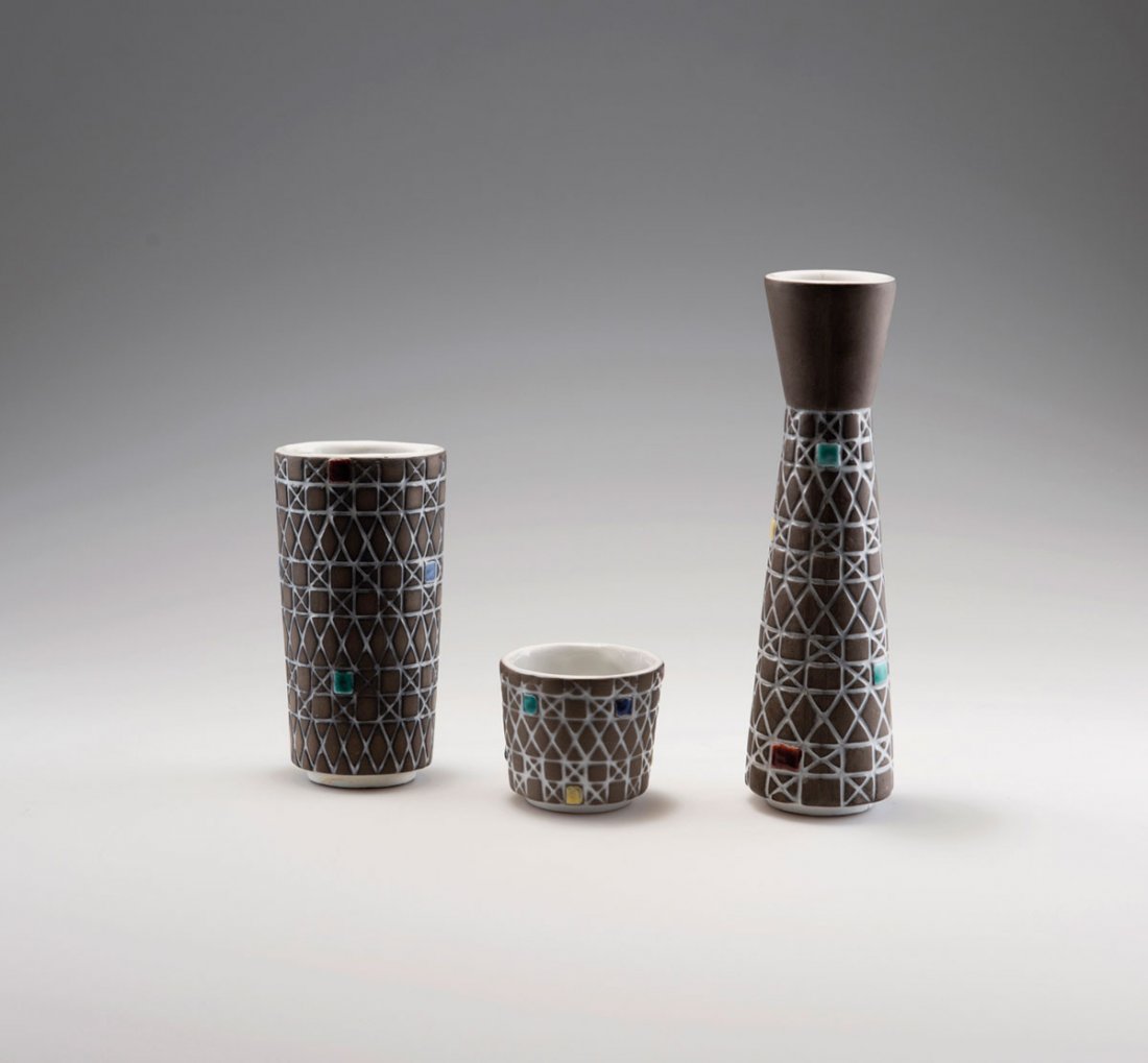 Three 'Corso' vases: Ingrid Atterberg. Three 'Corso' vases, 1954 H. 5.5-20 cm. Made by Upsala Ekeby. Incised stoneware, enamelled white, green, yellow, red and blue. Marked: UE SWEDEN 3146, EKEBY 2151 A 69 (embossed), sma