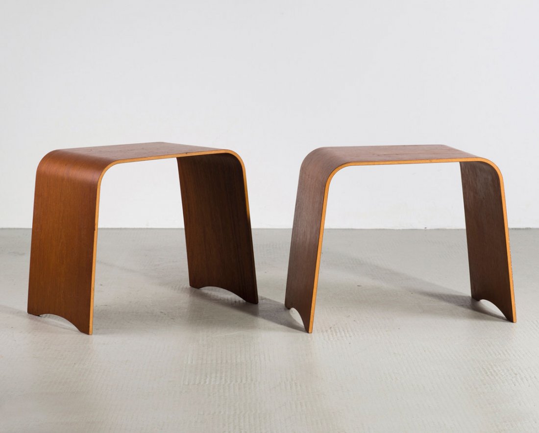 Pair of '4515' stools: Hans Ludvigsen. Pair of '4515' stools, 1958. H. 41 x 52 x 30 cm. Made by Fritz Hansen, Aller_d. Plywood, teak veneer. Marked: Maker's mark MADE IN DENMARK.