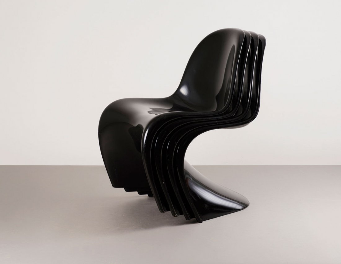 Four 'Panton' chairs: Verner Panton. Four 'Panton' chairs, 1962/67. H. 80.5 x 48 x 56 cm. Made by Vitra AG, Weil. Baydur, painted black. Marked: Label: Herman Miller Collection.