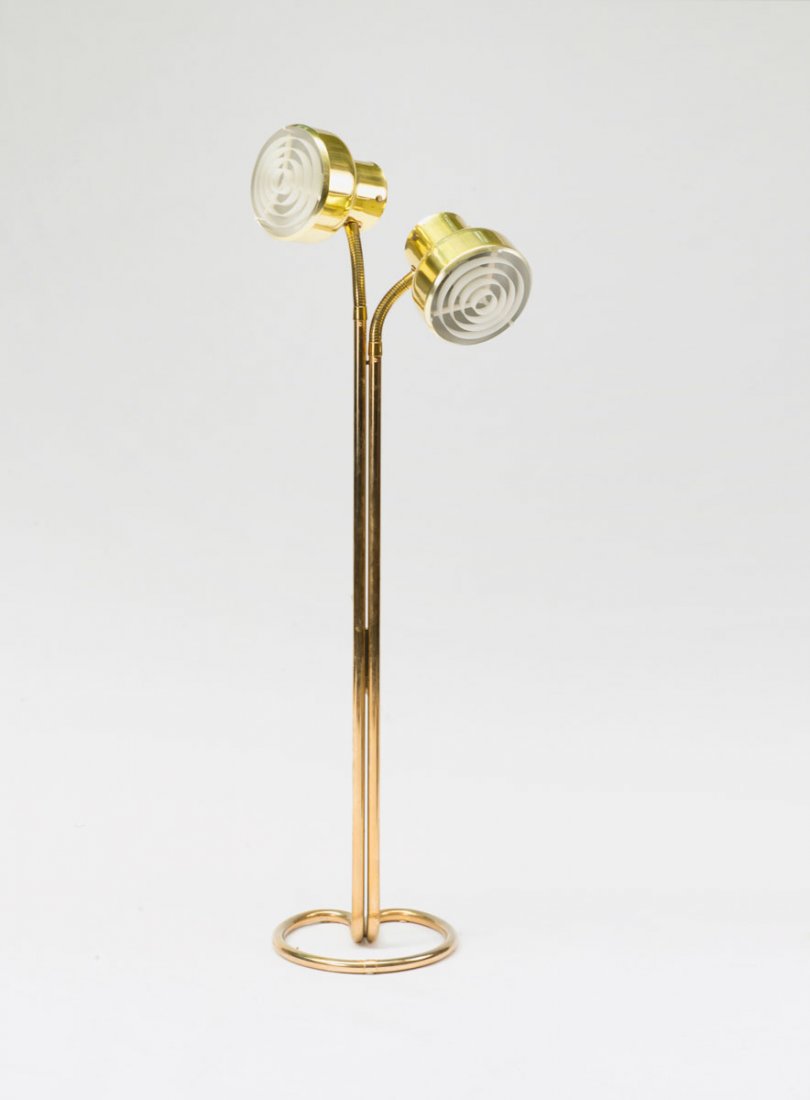 'Bumlingen' floor light: Anders Pehrson. 'Bumlingen' floor light, 1968. H. 140 cm; D. 20 cm. Made by Atelj_ Lyktan, Ahus, Sweden. Tubular brass, sheet brass, white plastic lamellae. Marked: Maker's label.