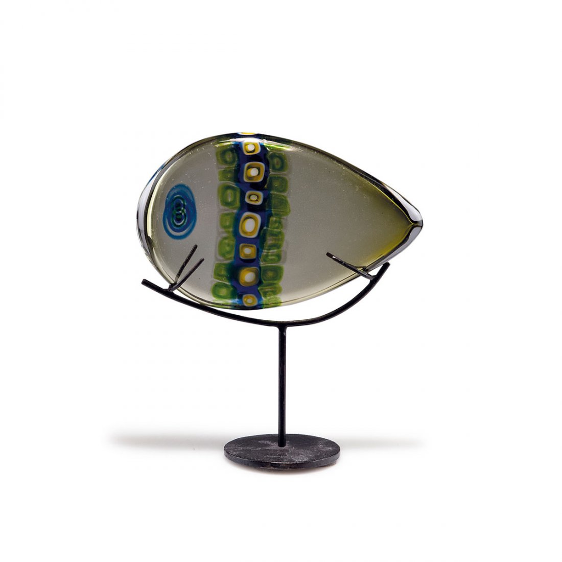 Fish: Alessandro Pianon (attributed). Fish, c1962. L. 22 cm. Made by Vetreria Vistosi (attributed). Cased glass, clear and green, three murrhines bands, blue, white, green and yellow, eyes: murrhines, green
