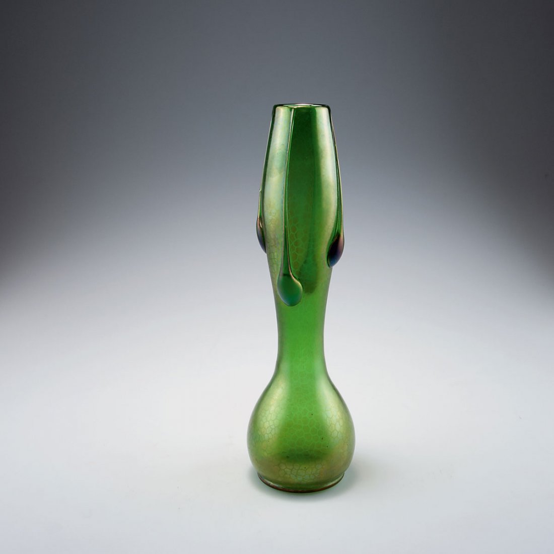 Loetz Wwe., Klostermuhle. Vase, c1901. H. 34.5 cm.: Loetz Wwe., Klostermuhle. Vase, c1901. H. 34.5 cm. Green glass, iridescent web decor.