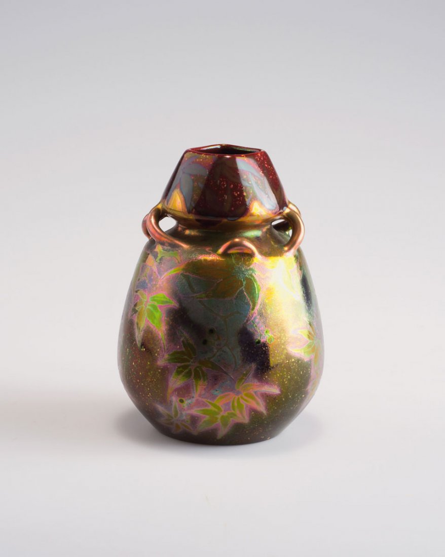 Clement Massier, Golfe-Juan. Vase with handles, c1890.: Clement Massier, Golfe-Juan. Vase with handles, c1890. H. 12 cm. Earthenware, lustre glaze, dark red and gold. Flowers. Marked: Clement Massier Golfe-Juan A. M.
