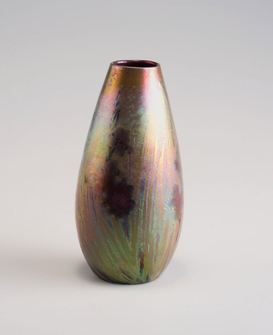 Clement Massier, Golfe-Juan. Small vase, c1890. H. 16.3: Clement Massier, Golfe-Juan. Small vase, c1890. H. 16.3 cm. Faience, lustre glaze, gold and dark red. Flowers. Marked: CM GOLFE-JUAN AM.