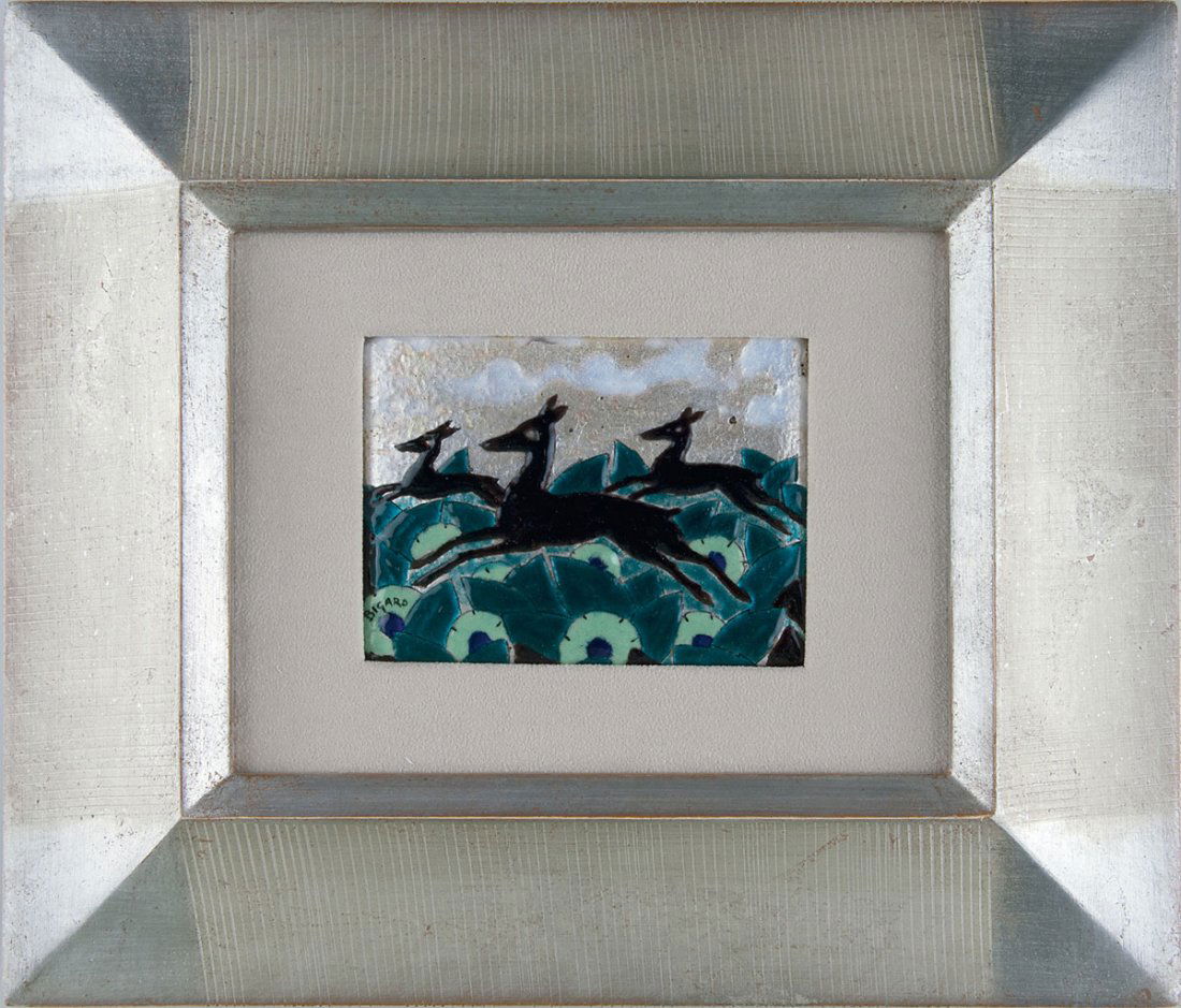Gaston Bigard. Fleeing deer, c1928. 8 x 10.2 cm. Sheet: Gaston Bigard. Fleeing deer, c1928. 8 x 10.2 cm. Sheet copper, applied metal foil, polychromatic enamel. Signed: BIGARD. Frame.
