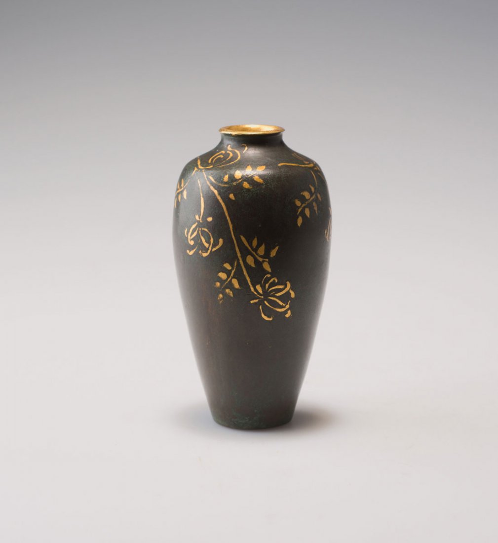 Christofle & Cie., Paris. Small vase, c1920. H. 10.8: Christofle & Cie., Paris. Small vase, c1920. H. 10.8 cm. Designed by Auguste Delaherche. Copper, green patina with stylised twigs. Marked: Maker's mark, CHRISTOFLE, 1 E.