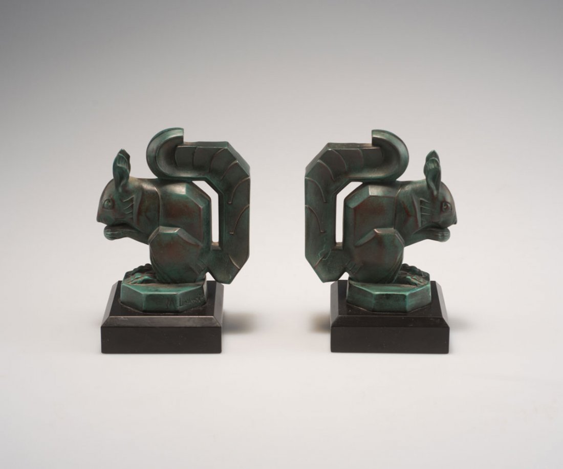 Max Le Verrier, Paris. Pair of 'Squirrels' bookends,: Max Le Verrier, Paris. Pair of 'Squirrels' bookends, c1925. H. 14.5 cm; 10 x 8.1 cm. Cast metal, green patina, slate base. Marked: M.LeVerrier.
