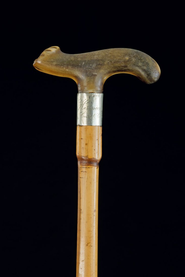 Walking stick for Hermann Plaut, Kassel. Horn, bamboo: Walking stick for Hermann Plaut, Kassel. Horn, bamboo cane, silver-plated cuff, engraved: Hermann Plaut Cassel Colnische Str. 7. L. 88 cm; handle: H. 4.0 x 2.1 x 10.0 cm.