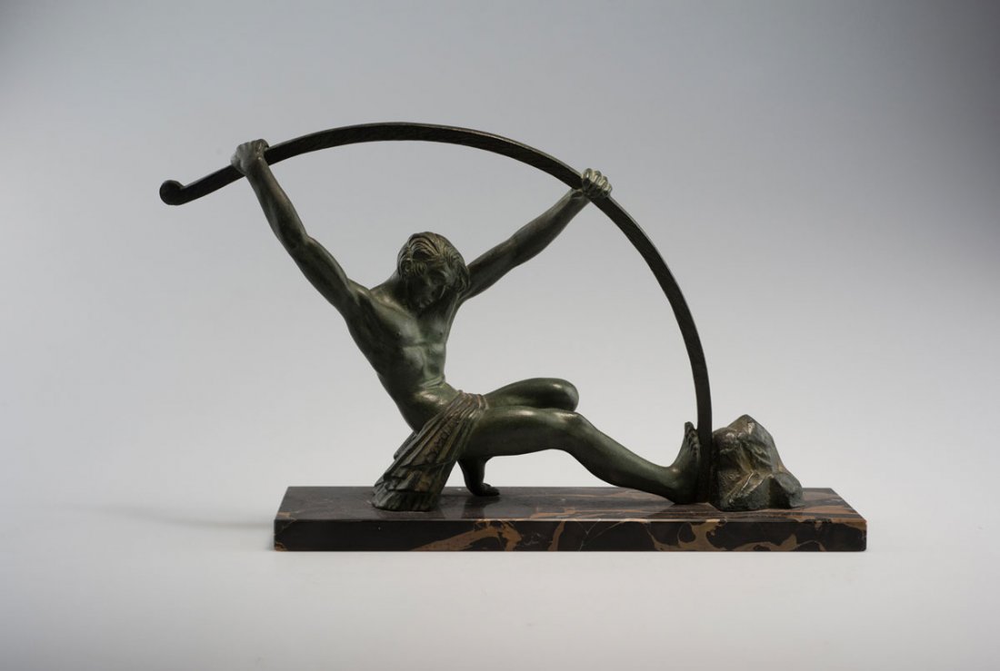 Demetre H. Chiparus. 'L'age du bronze', c1928. H. 23: Demetre H. Chiparus. 'L'age du bronze', c1928. H. 23 cm. Cast metal, green patina, base of black/brown marble. Base signed: D. H. Chiparus.