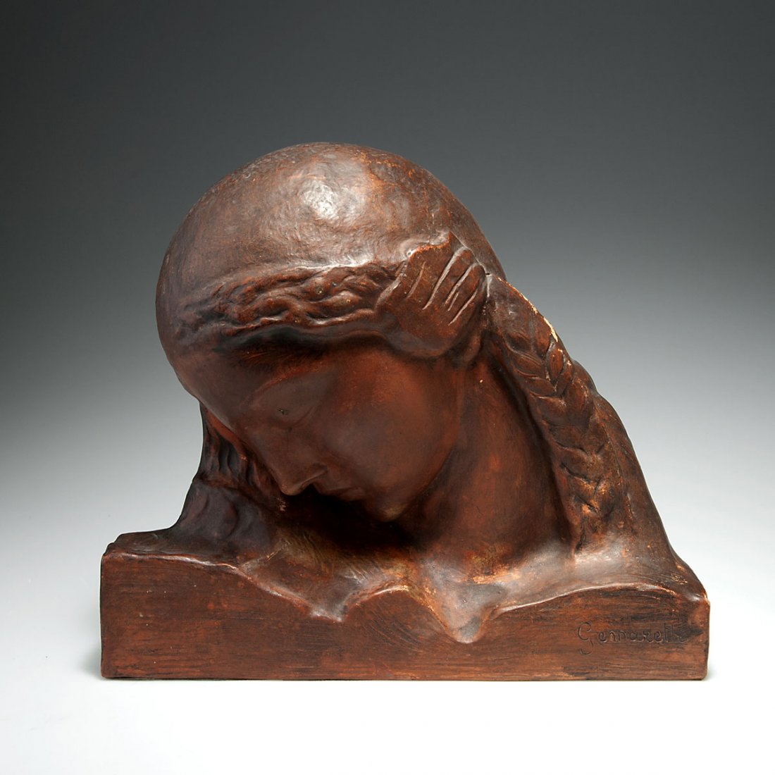 Amadeo Gennarelli. Bust, c1930. H. 33 cm. Majolica,: Amadeo Gennarelli. Bust, c1930. H. 33 cm. Majolica, glazed matt brown, mimicking bronze with patina. Marked: Gennarelli, F. G.