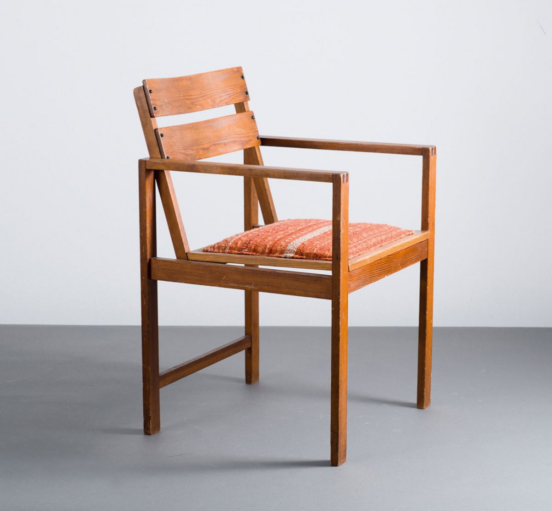 Model armchair: Erich Dieckmann. Model armchair, 1926. H. 81.5 x 53.5 x 56.5 cm. Made by Bauhochschule Weimar (attributed). Ashwood, plywood with ash veneer, linen straps, striped fabric, orange and white.