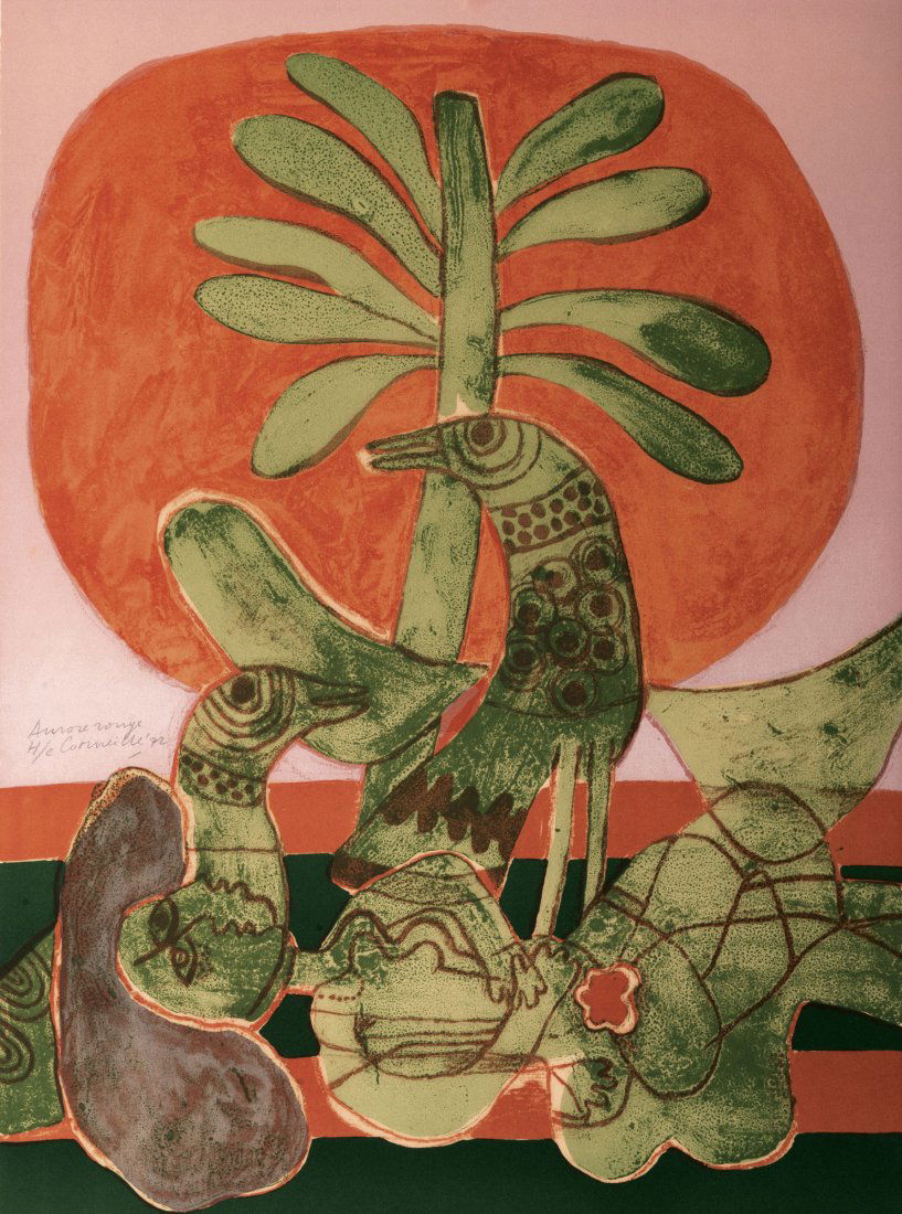 Corneille. 'Aurore Rouge', 1972. 66.5 x 51.0 cm. Colour: Corneille. 'Aurore Rouge', 1972. 66.5 x 51.0 cm. Colour lithograph on laid paper. Signed: Corneille, (19)72, "Aurore Rouge", H/C (hors de commerce).