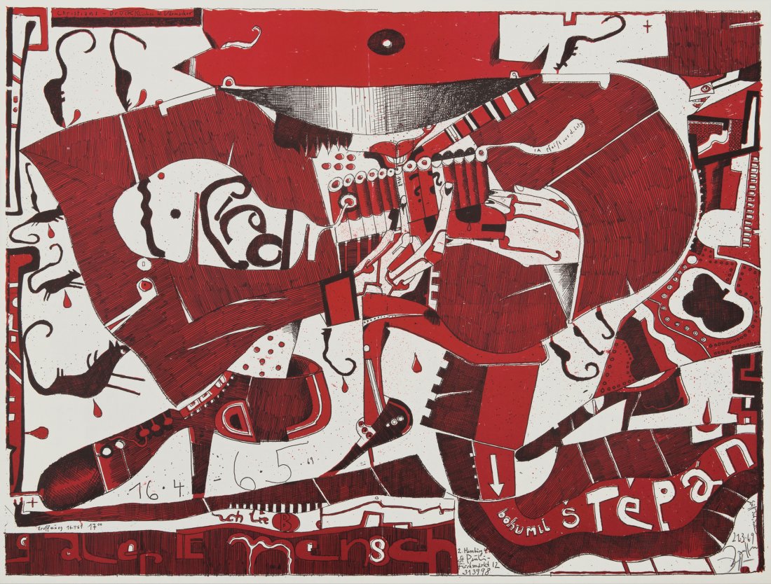 Horst Janssen. 5 posters: 'Brockstedt Harkbohm, Bohumil: Horst Janssen. 5 posters: 'Brockstedt Harkbohm, Bohumil Stepan, Josef Wittlich, Leonor Fini, Doppelkopf', 1967-1969. Up to 87.0 x 62.5 cm - 61.0 x 85.0 cm. Colour lithographs on vellum. All signed: Ja