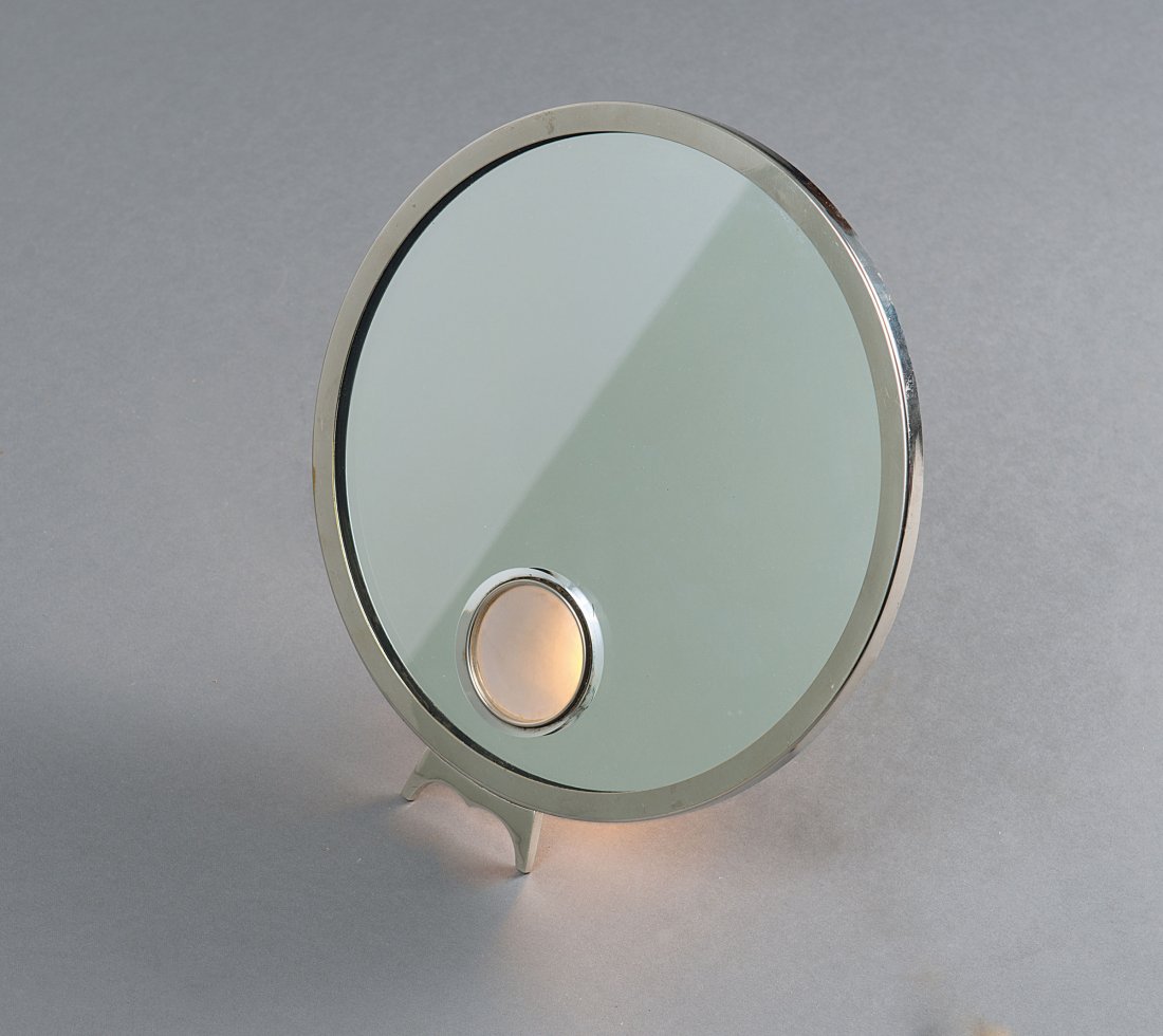 Brot, Paris. 'Le Mirophar' illuminated table mirror,: Brot, Paris. 'Le Mirophar' illuminated table mirror, 1930s. D. 24 cm. Sheet steel, steel rod, chrome-plated, plate glass, opal glass. Marked: BTE S.G.D.G. MADE IN FRANCE.