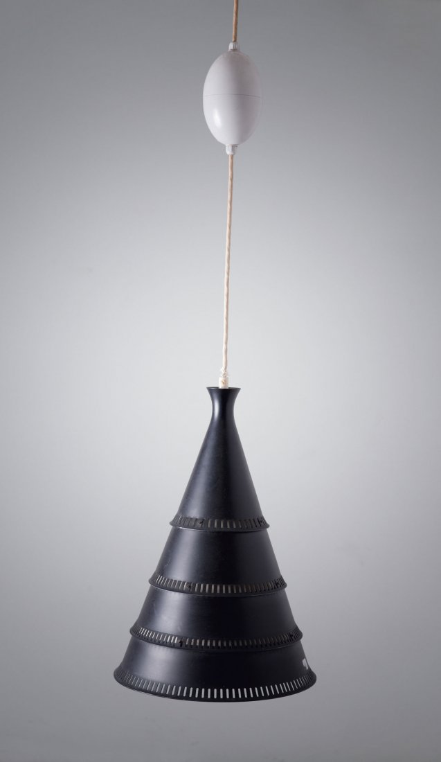 Knud Hjerting. Ceiling light, c1950. H. 44 cm; D. 31: Knud Hjerting. Ceiling light, c1950. H. 44 cm; D. 31 cm. Made by Lyfa, Ballerup (attributed). Perforated sheet aluminium, painted black.