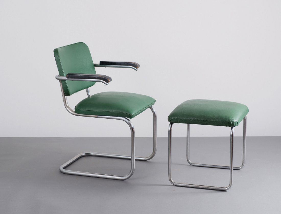 Mart Stam; Anton Lorenz (attributed). Chair and stool,: Mart Stam; Anton Lorenz (attributed). Chair and stool, c1935. H. 79.5 x 57.5 x 56 cm; H. 48 x 42 x 42 cm. Made by Thonet, Frankenberg, in the 1950s. Chrome-plated tubular steel, green vinyl upholstery