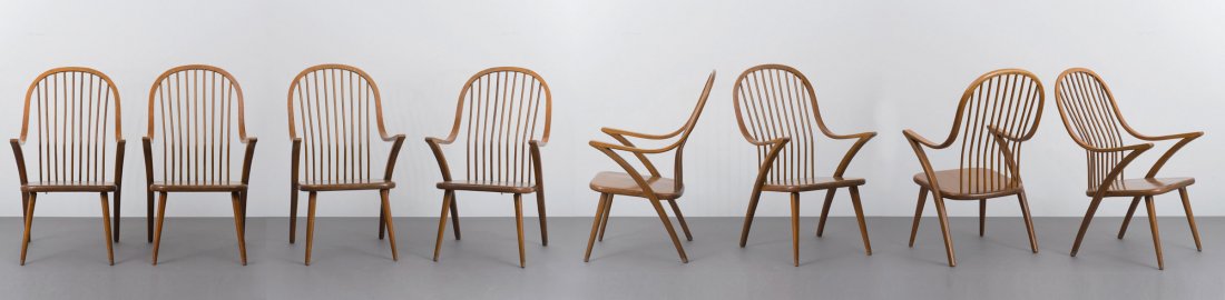 Bengt Akerblom; Gunnar Ekloef. Eight 'Windsor' Akerblom: Bengt Akerblom; Gunnar Ekloef. Eight 'Windsor' Akerblom armchairs, 1948. H. 97 x 57 x 69 cm. Made by AB Naessjoe Stolfabrik, Naessjoe (attributed). Beech wood, bentwood, stained dark. Marked: Akerblom