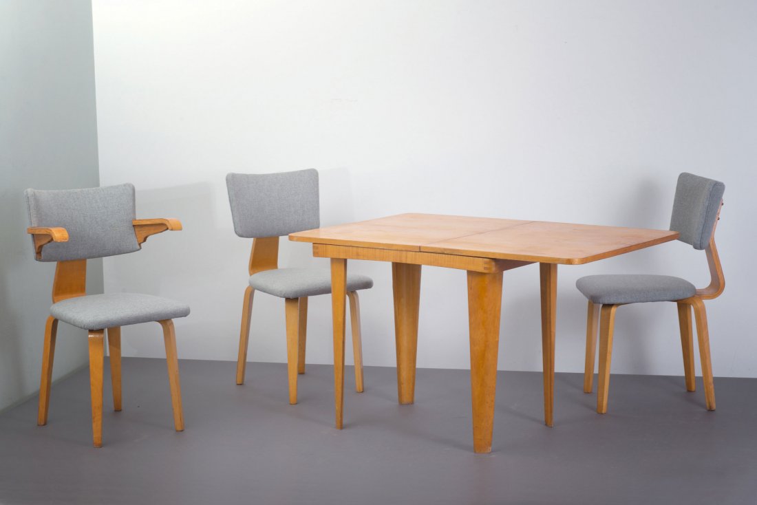 Cor Alons. Pair of chairs, armchair and folding table,: Cor Alons. Pair of chairs, armchair and folding table, 1948/49. Chairs: H. 85.5 x 44 x 53.5 cm; armchair: H. 86.5 x 52.5 x 54 cm; folding table: H. 70.5-72.5 x 60-120 x 80 cm. Made by C de Boer, Gouda